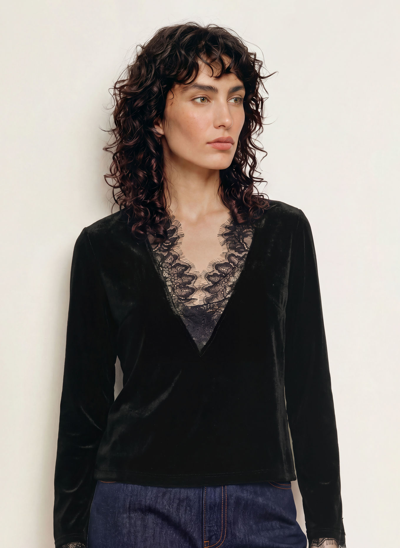 GANNI Longsleeve met lange mouwen van fluweel: ZWART