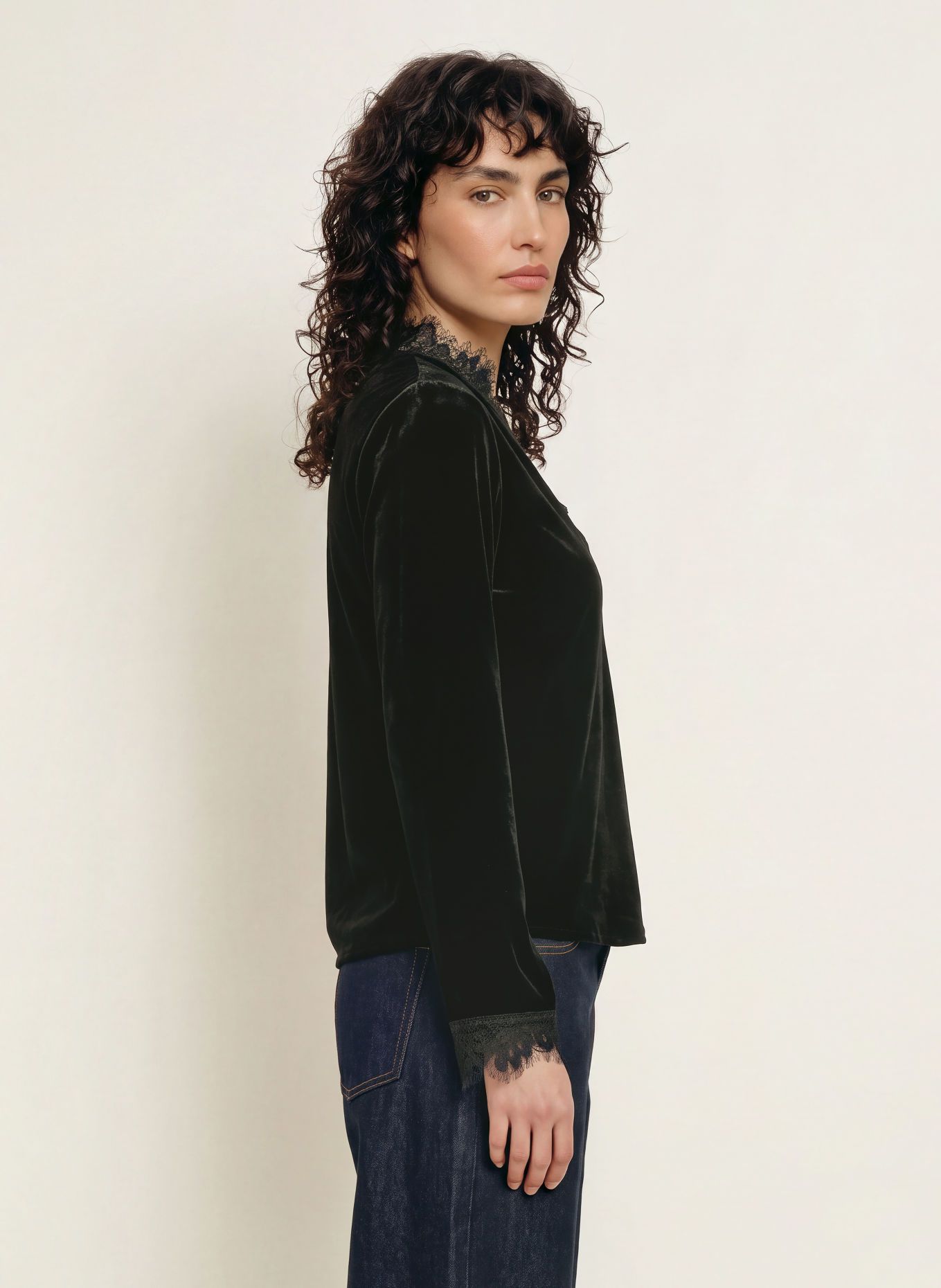 GANNI Longsleeve met lange mouwen van fluweel: ZWART