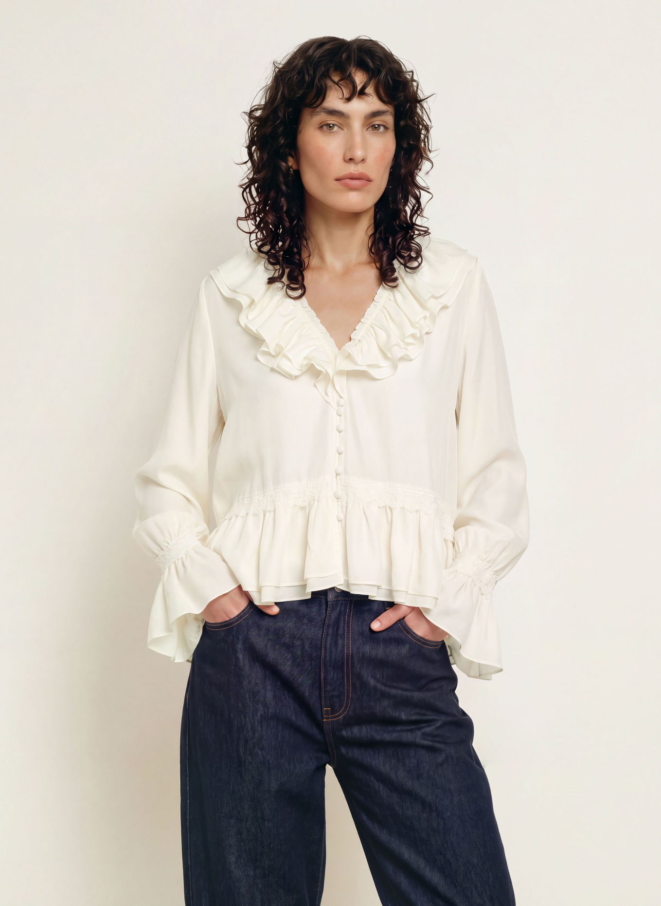 GANNI Satijnen blouseshirt met zijde: ECRU