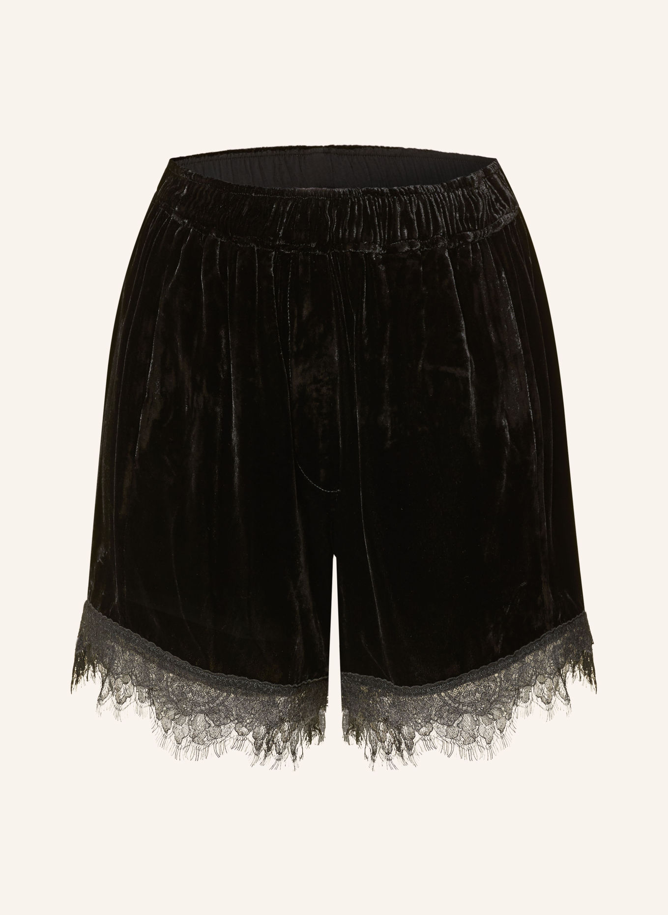 GANNI Samtshorts mit Spitze: SCHWARZ