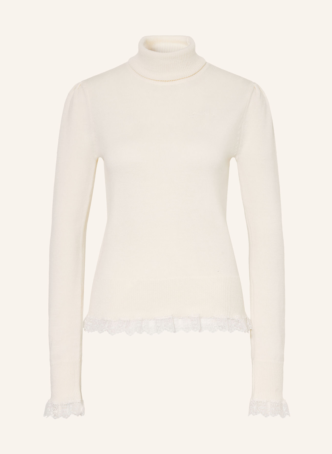 GANNI Mерino wool Turtleneck sweater with lace: CREAM / WHITE