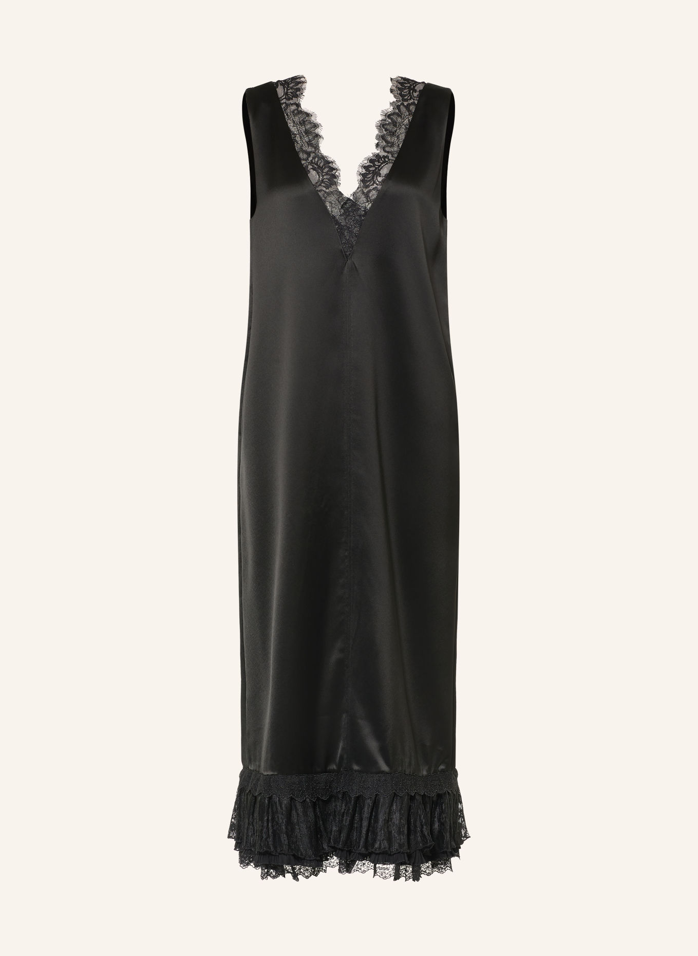 GANNI Satin dress with lace and ruffles: BLACK