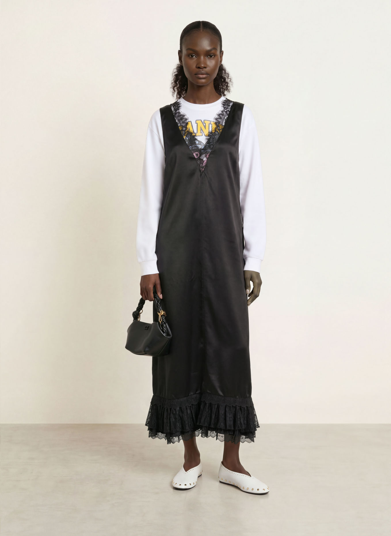 GANNI Satin dress with lace and ruffles: BLACK