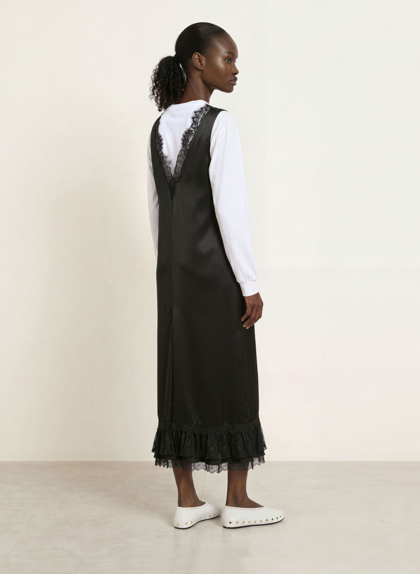 GANNI Satin dress with lace and ruffles: BLACK
