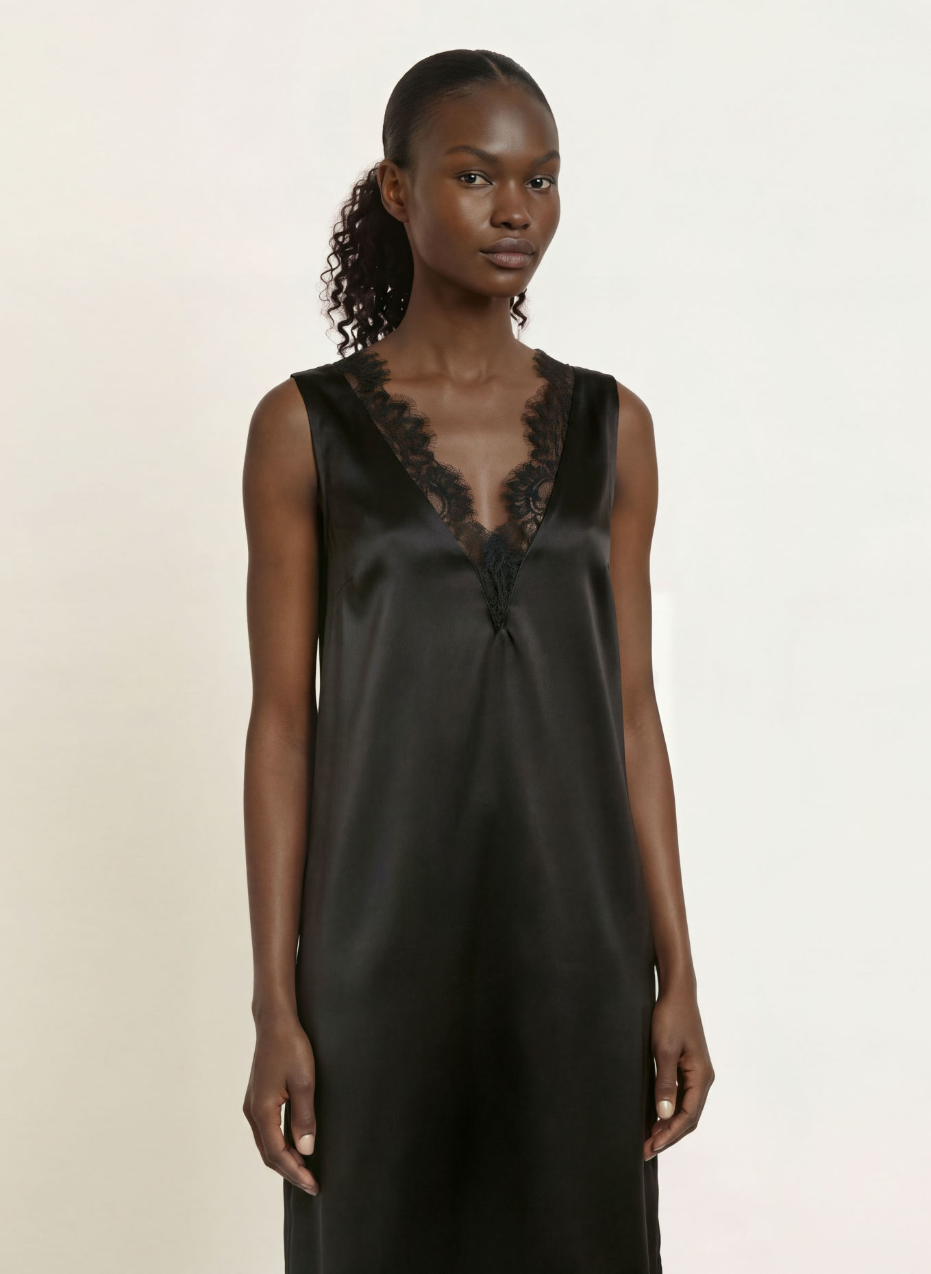 GANNI Satin dress with lace and ruffles: BLACK