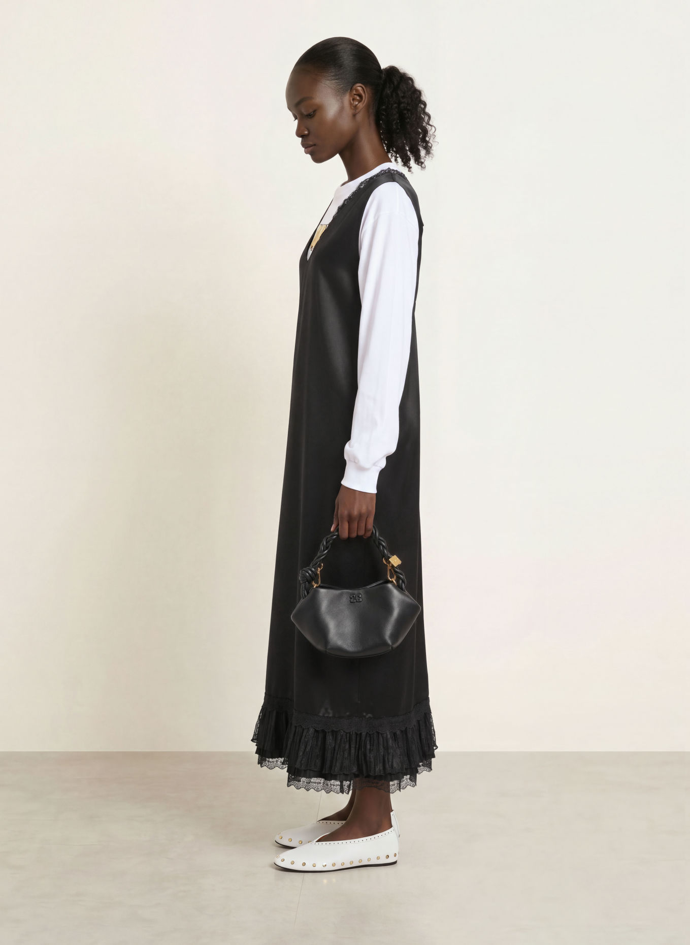 GANNI Satin dress with lace and ruffles: BLACK