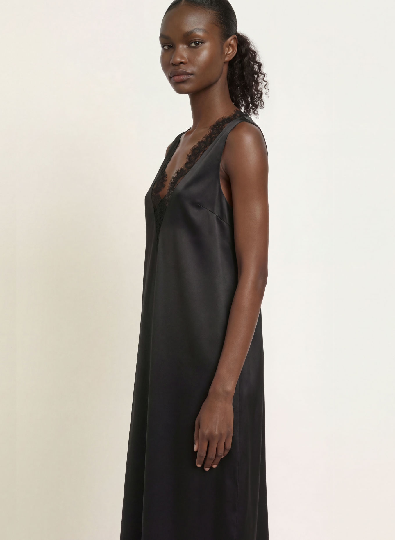 GANNI Satin dress with lace and ruffles: BLACK