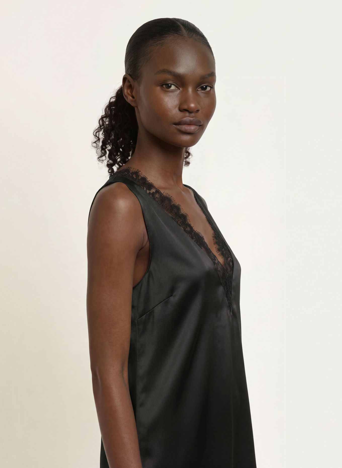 GANNI Satin dress with lace and ruffles: BLACK