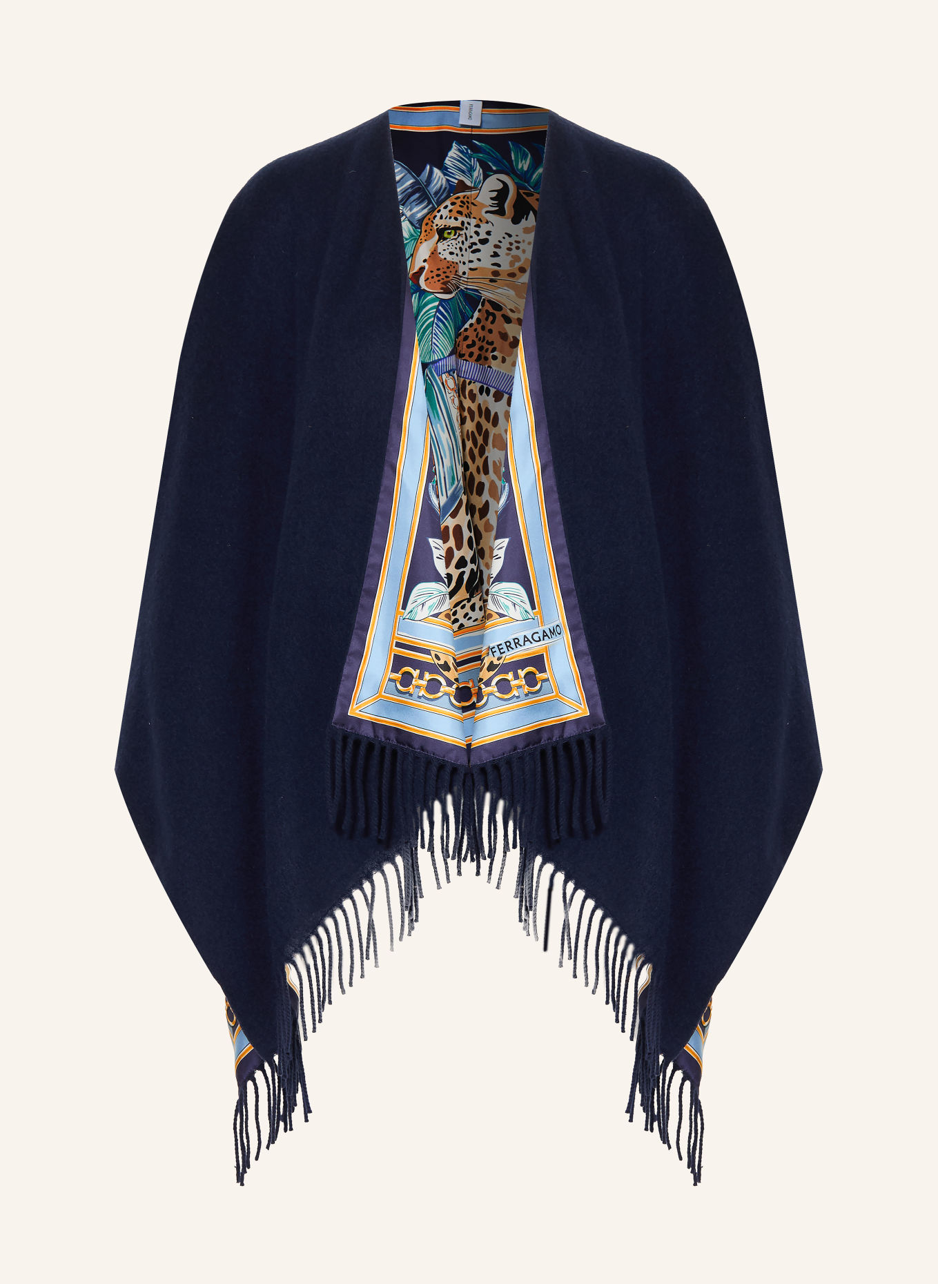 FERRAGAMO Cape FELINE im Materialmix zum Wenden: DUNKELBLAU / BEIGE / TÜRKIS