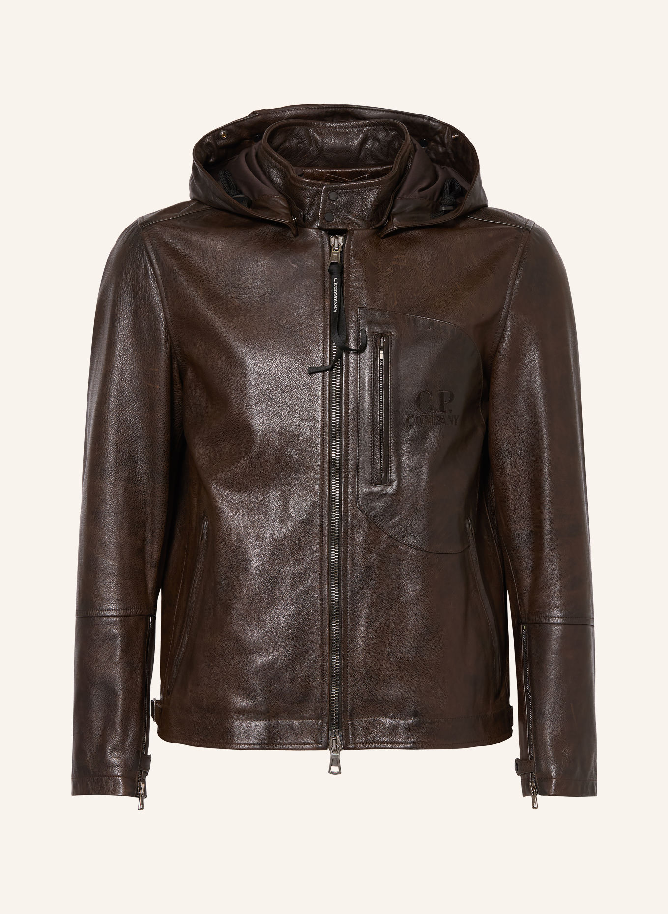 C.P. COMPANY Leren jas met afneembare capuchon: MARRON FONCÉ
