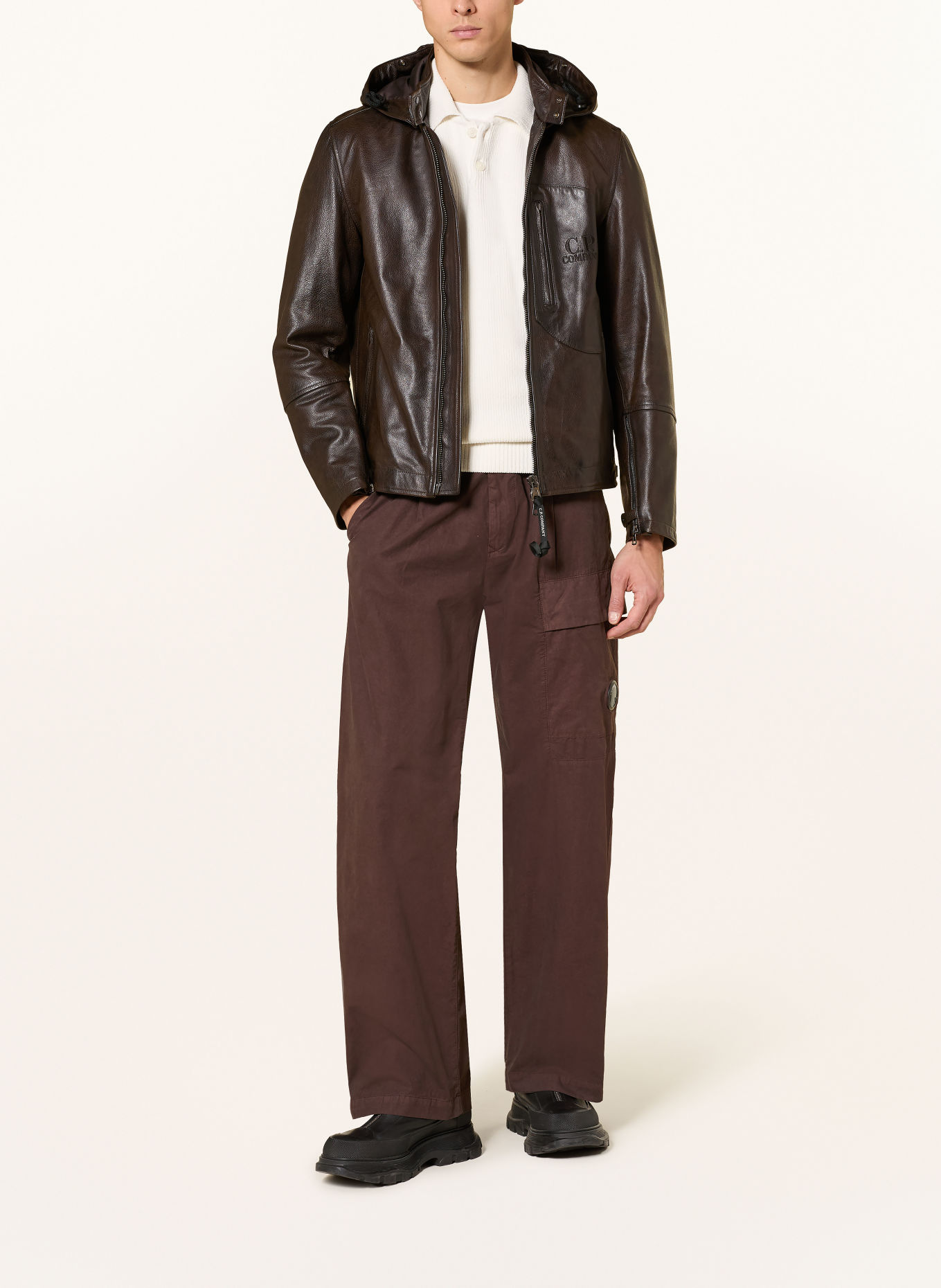 C.P. COMPANY Leren jas met afneembare capuchon: MARRON FONCÉ
