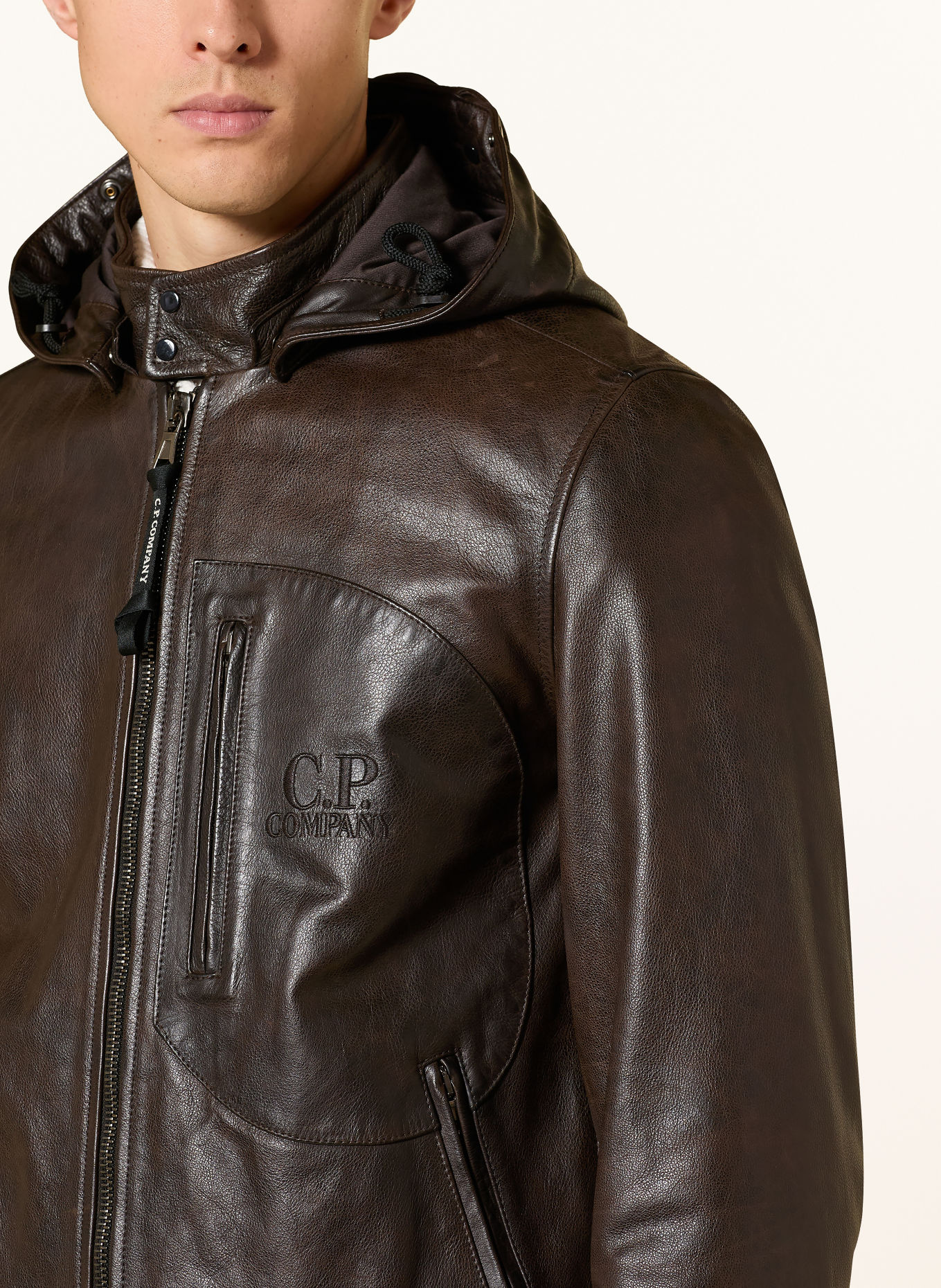 C.P. COMPANY Leren jas met afneembare capuchon: MARRON FONCÉ