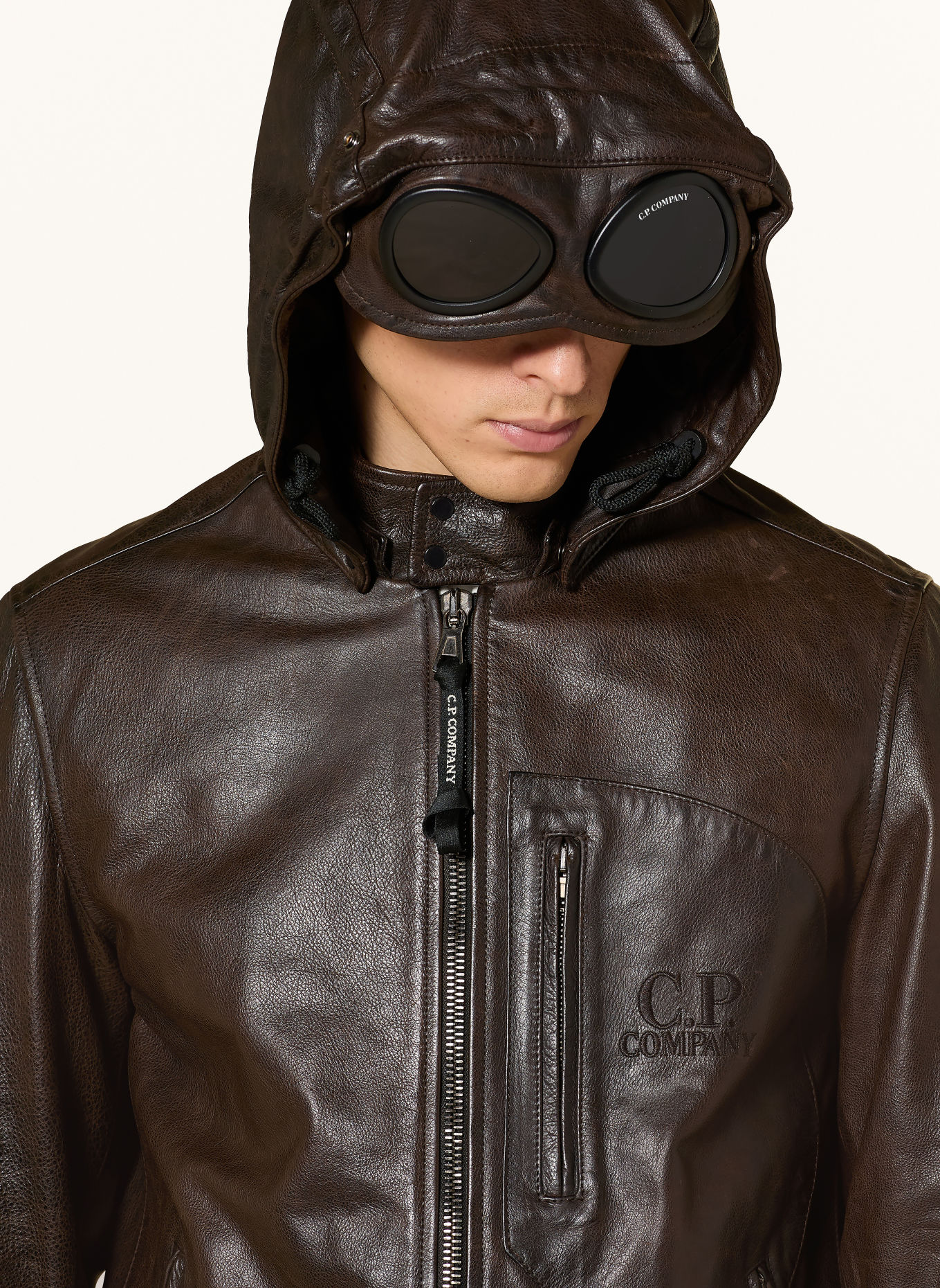 C.P. COMPANY Leren jas met afneembare capuchon: MARRON FONCÉ
