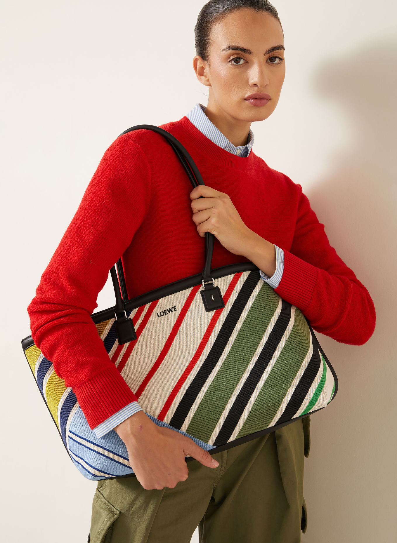 LOEWE Shopper VERANO: DUNKELROT / GELB / KHAKI