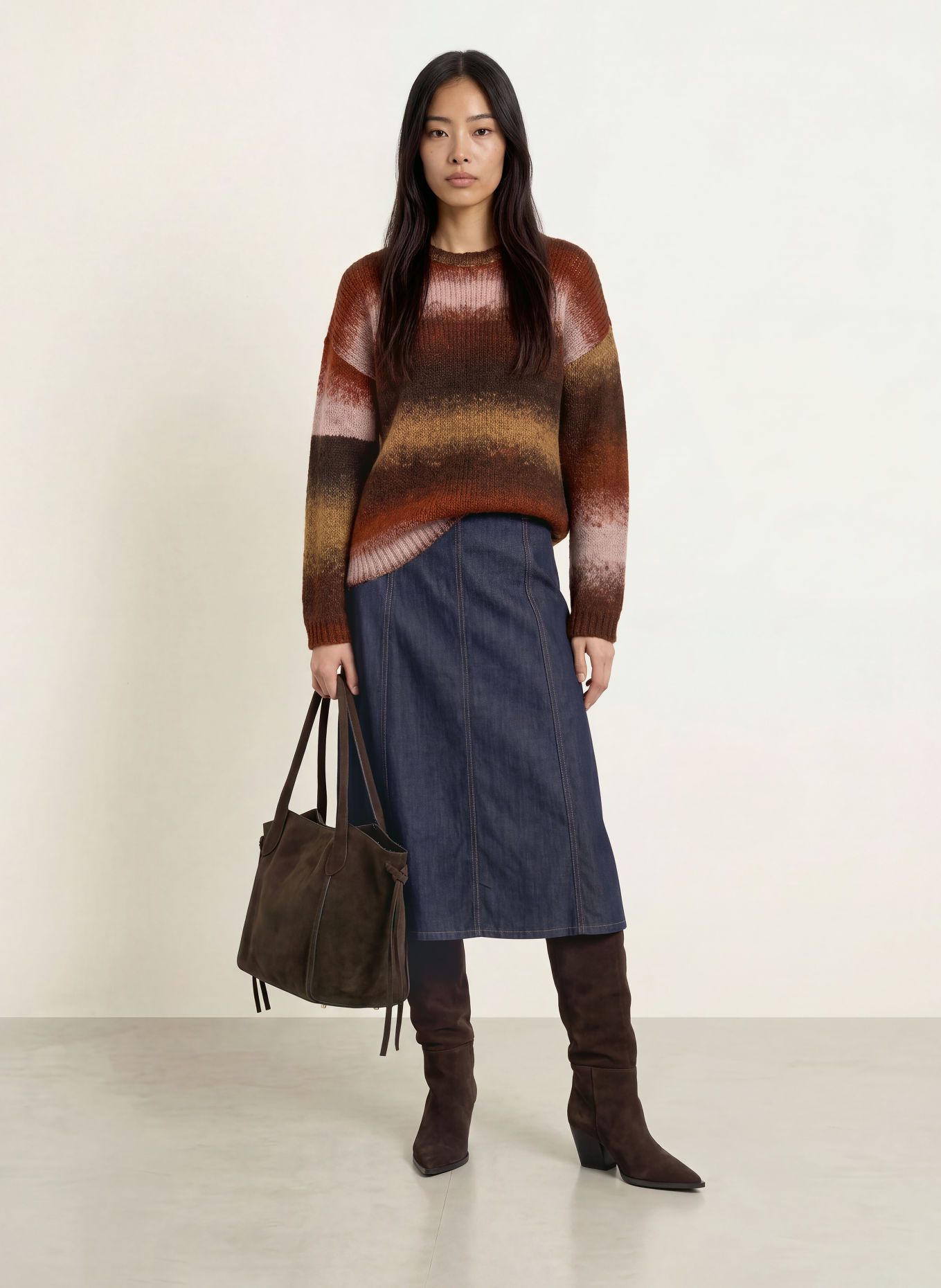 MORE & MORE Trui: MARRON FONCÉ / CAMEL / DONKERORANJE