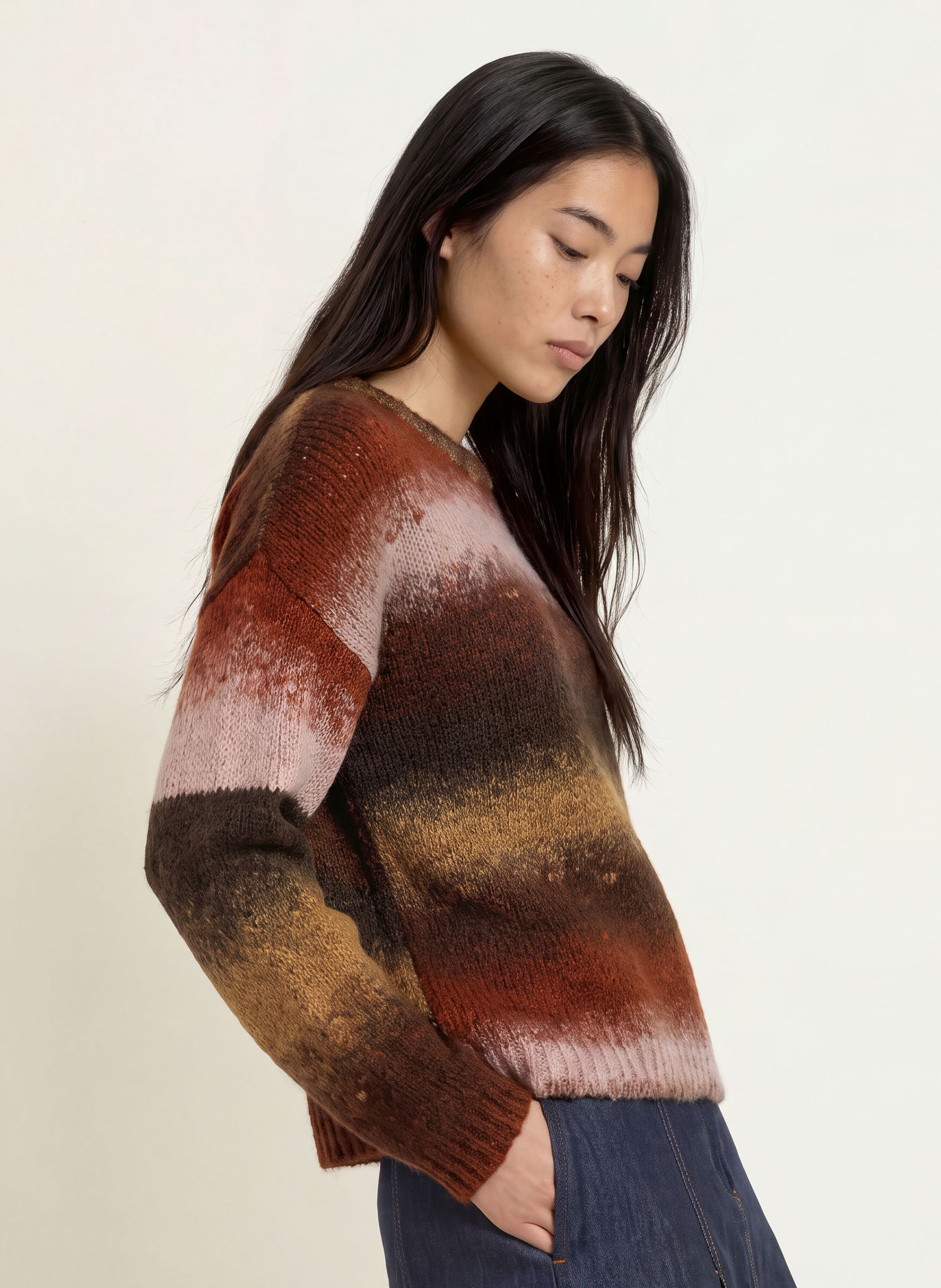 MORE & MORE Trui: MARRON FONCÉ / CAMEL / DONKERORANJE
