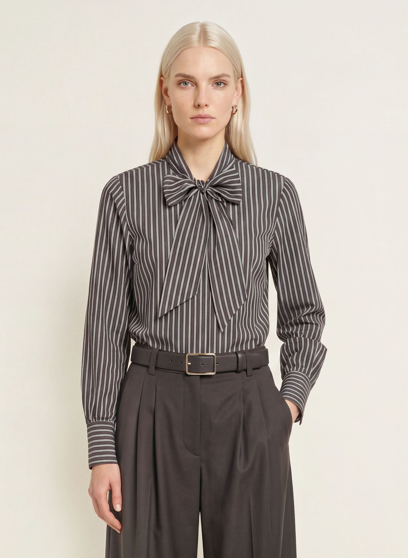 MORE & MORE Tie-neck blouse: DARK BROWN / WHITE