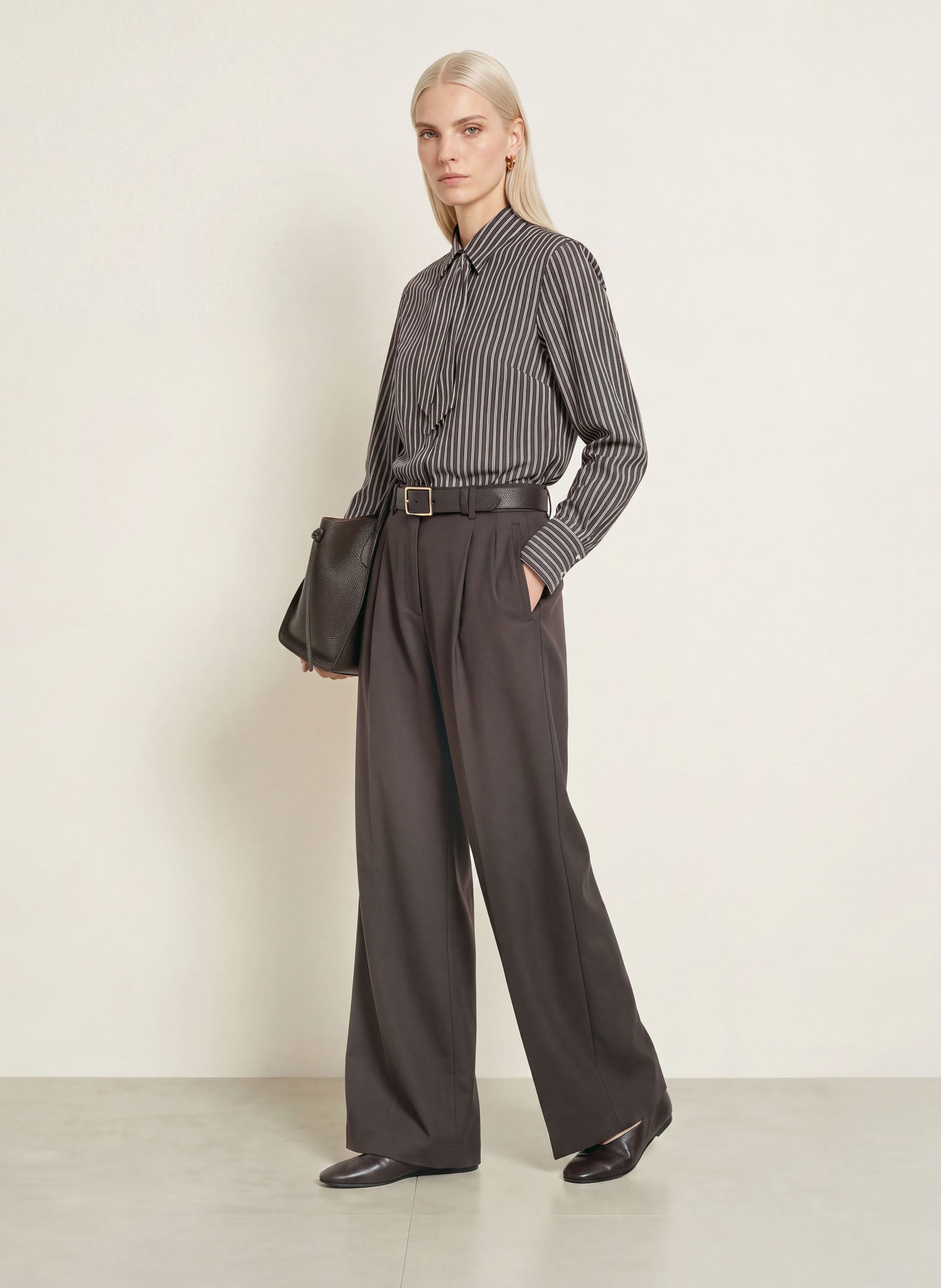 MORE & MORE Tie-neck blouse: DARK BROWN / WHITE