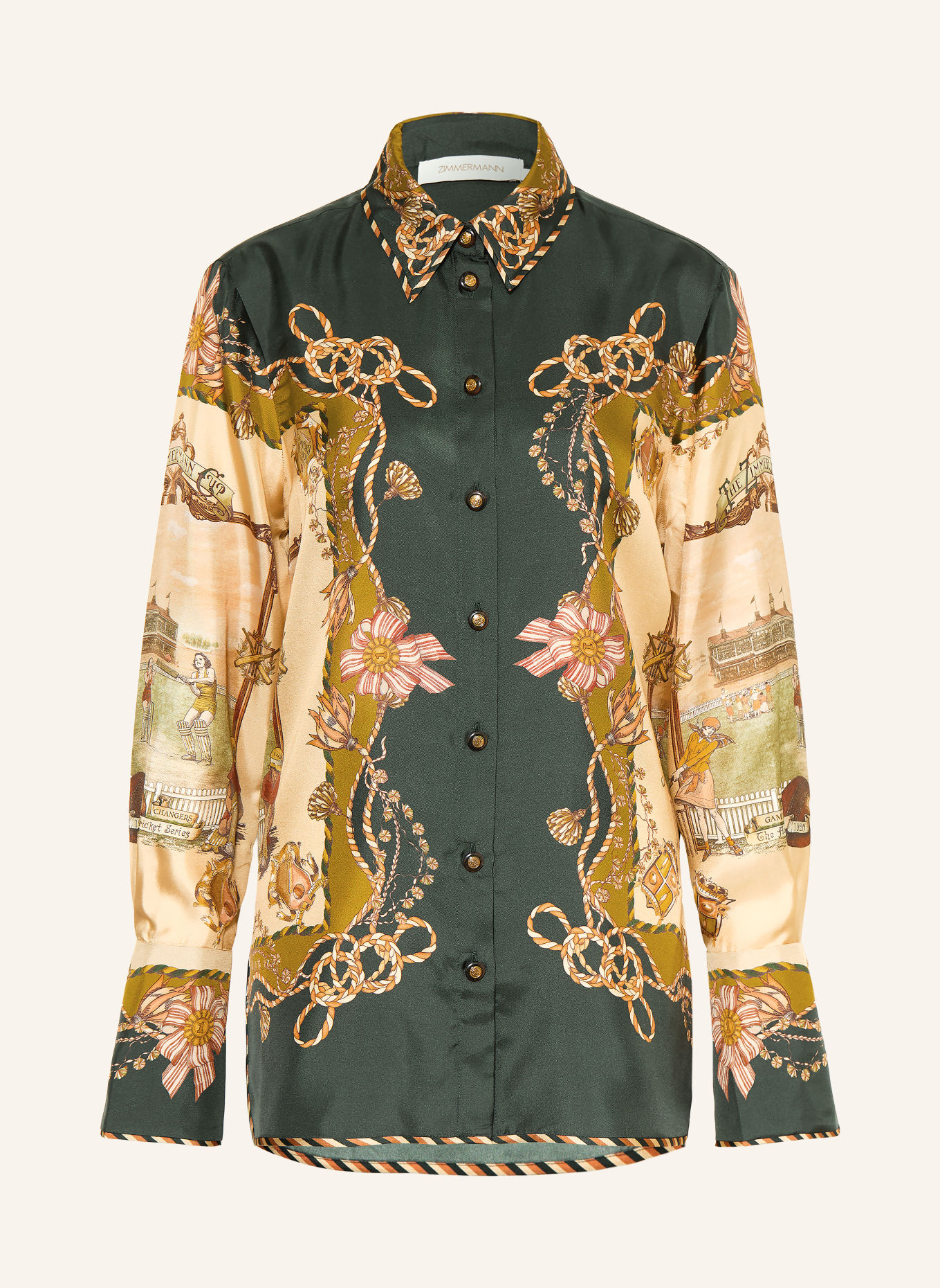 ZIMMERMANN VALIANT Silk Shirt Blouse: CAMEL / COGNAC / DARK GREEN