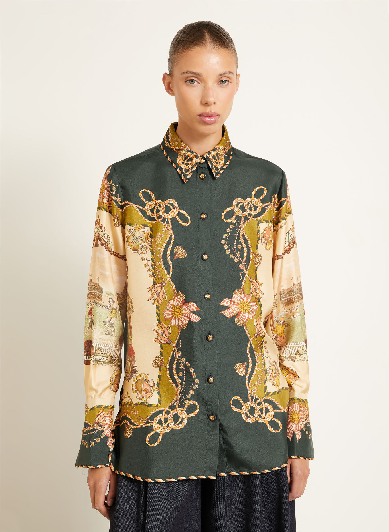 ZIMMERMANN VALIANT Silk Shirt Blouse: CAMEL / COGNAC / DARK GREEN