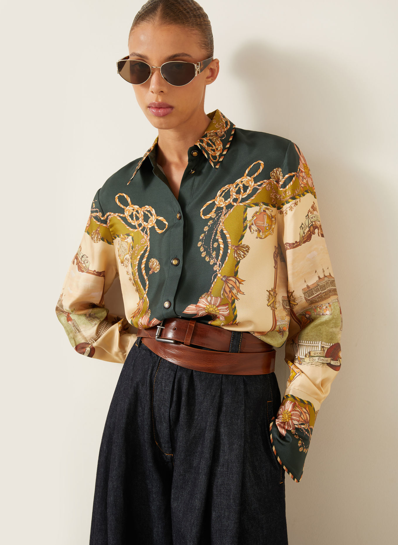 ZIMMERMANN VALIANT Silk Shirt Blouse: CAMEL / COGNAC / DARK GREEN