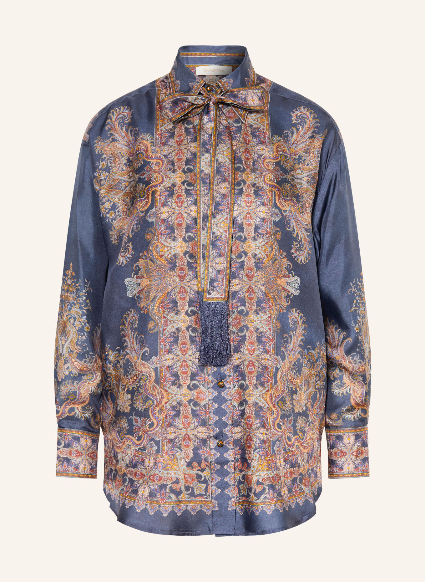 ZIMMERMANN VALIANT Silk Shirt Blouse with Detachable Bow Tie: BLUE / DARK ORANGE / DARK YELLOW