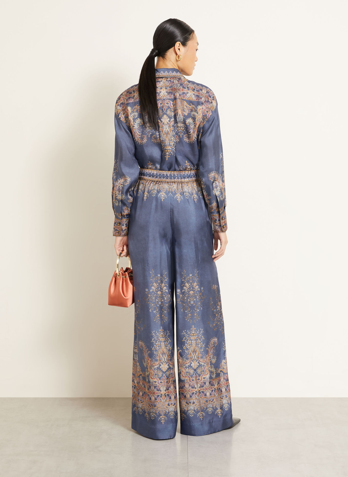 ZIMMERMANN VALIANT Silk Shirt Blouse with Detachable Bow Tie: BLUE / DARK ORANGE / DARK YELLOW