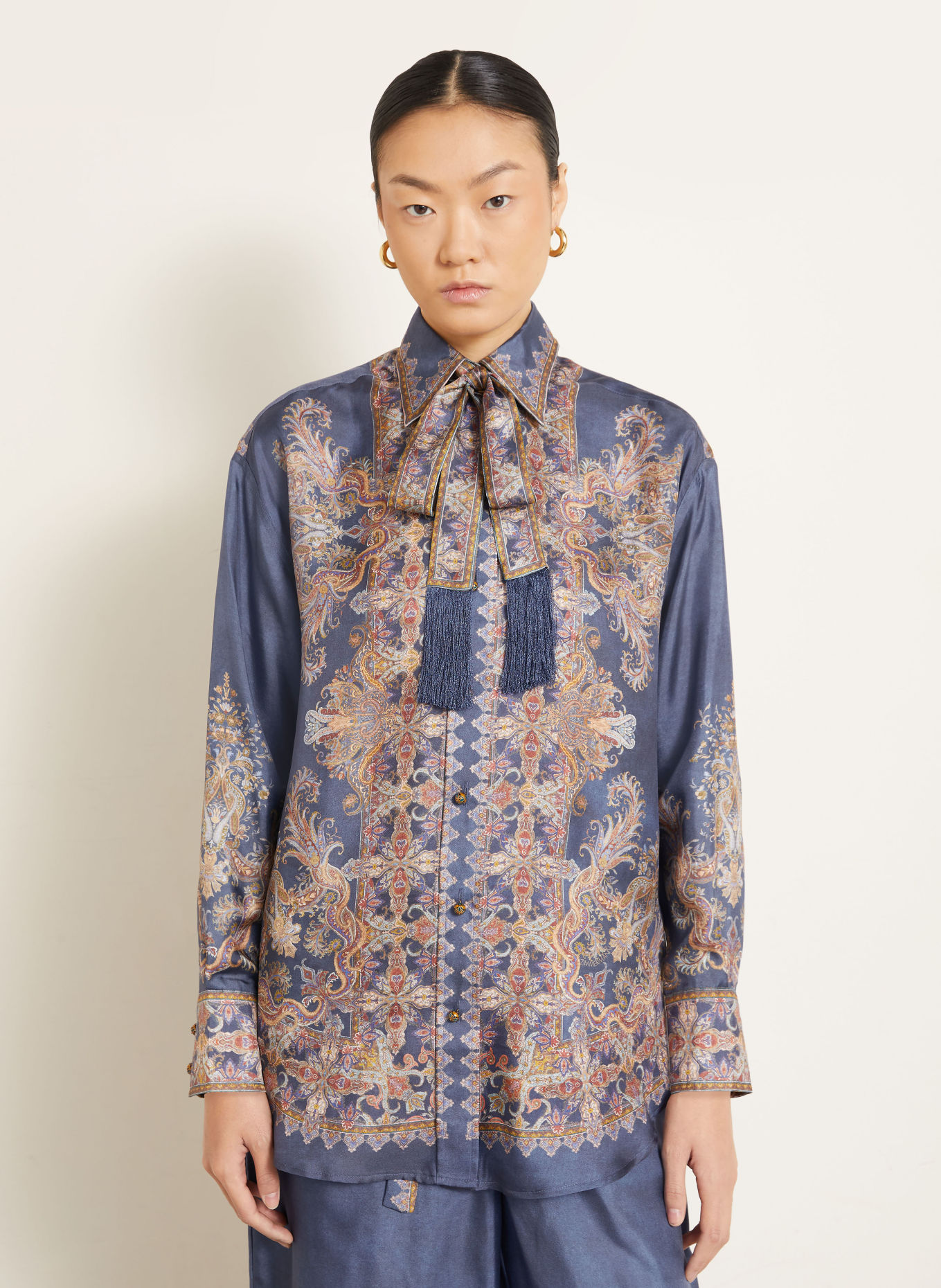 ZIMMERMANN VALIANT Silk Shirt Blouse with Detachable Bow Tie: BLUE / DARK ORANGE / DARK YELLOW