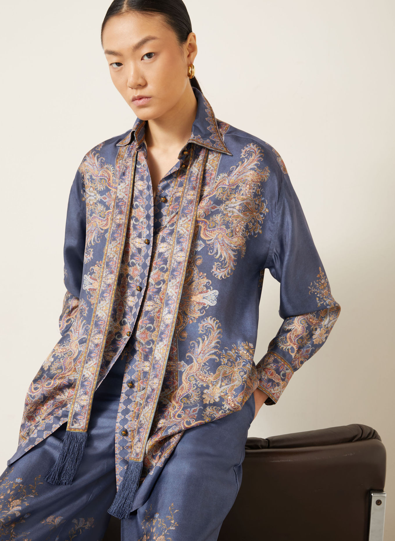 ZIMMERMANN VALIANT Silk Shirt Blouse with Detachable Bow Tie: BLUE / DARK ORANGE / DARK YELLOW