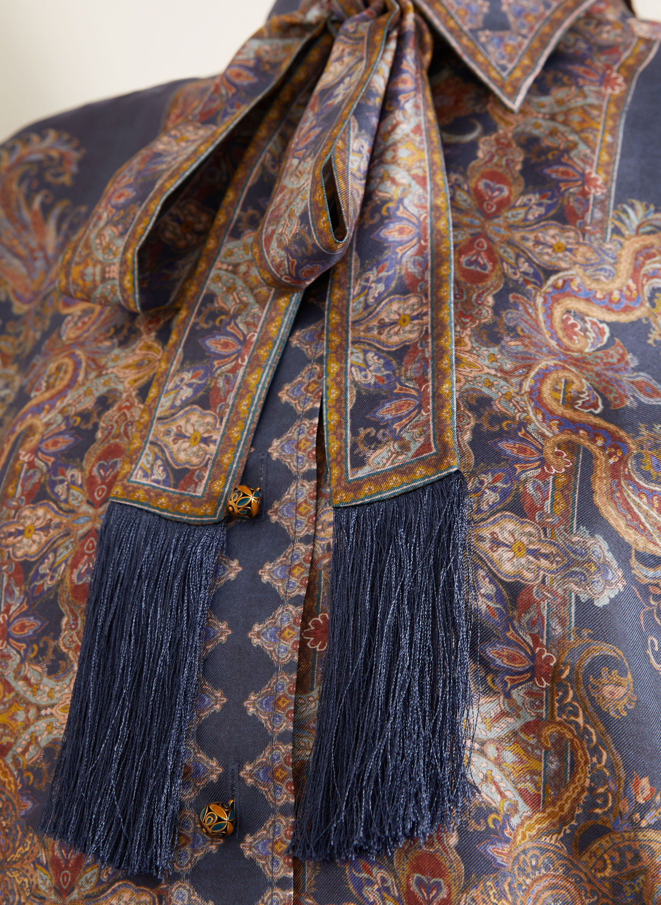 ZIMMERMANN VALIANT Silk Shirt Blouse with Detachable Bow Tie: BLUE / DARK ORANGE / DARK YELLOW