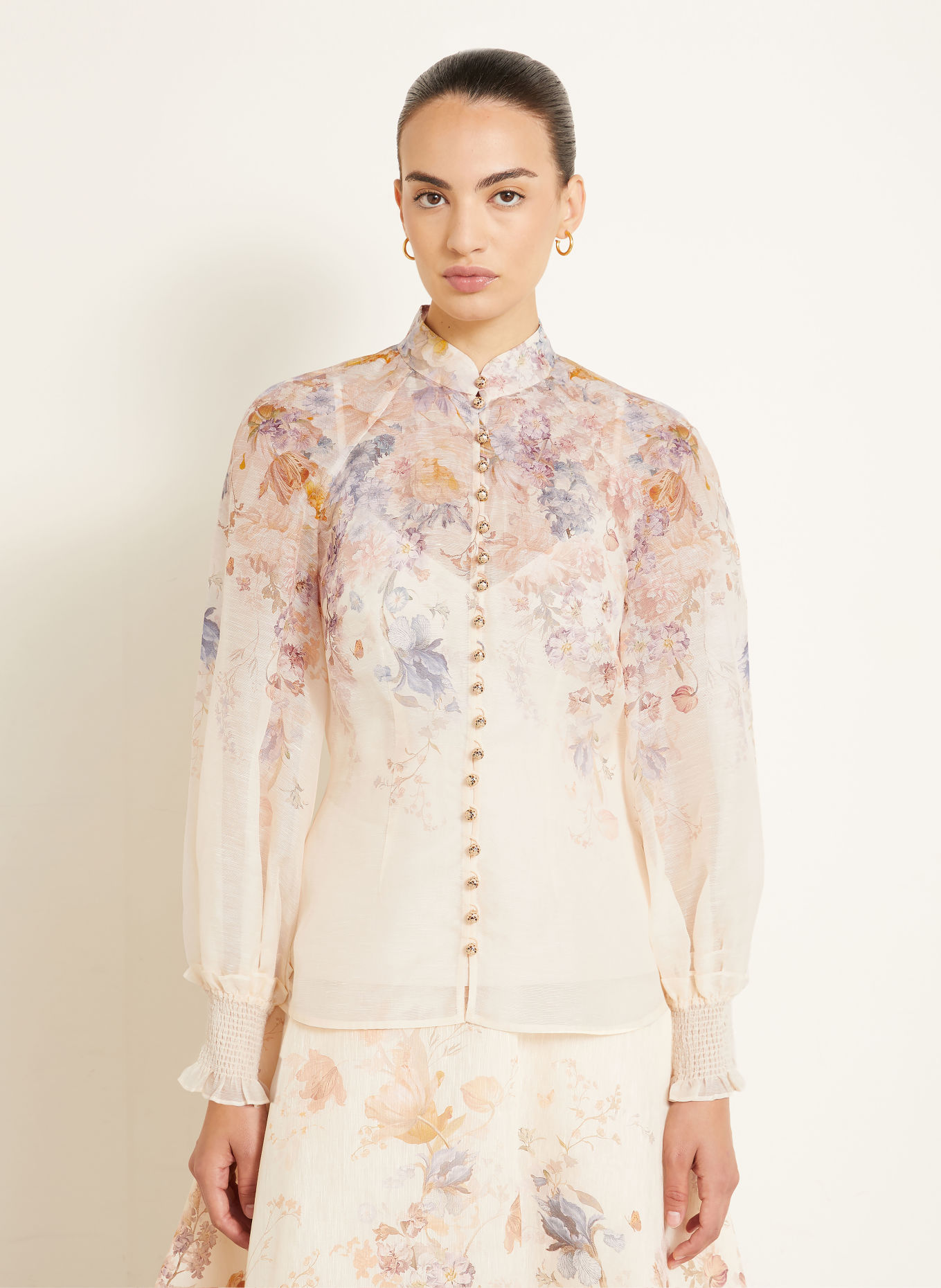 ZIMMERMANN ASCENT-blouseshirt met linnen en zijde: CRÈME / BEIGE / LICHTPAARS