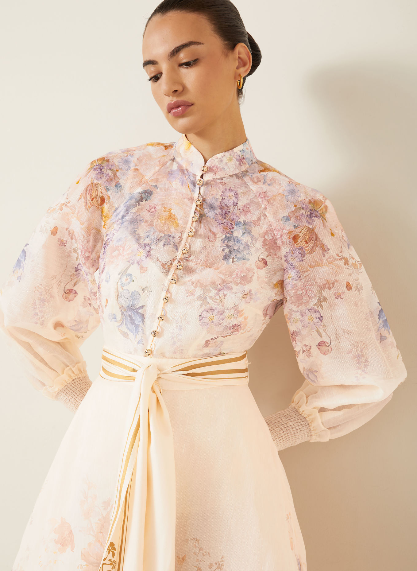 ZIMMERMANN ASCENT-blouseshirt met linnen en zijde: CRÈME / BEIGE / LICHTPAARS
