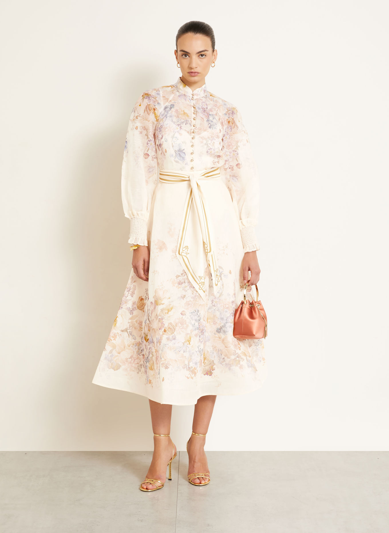 ZIMMERMANN ASCENT Skirt with Linen and Silk: CREAM / BEIGE / LIGHT PURPLE