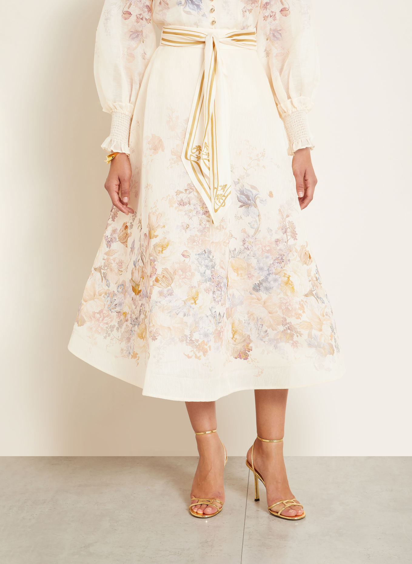 ZIMMERMANN ASCENT Skirt with Linen and Silk: CREAM / BEIGE / LIGHT PURPLE