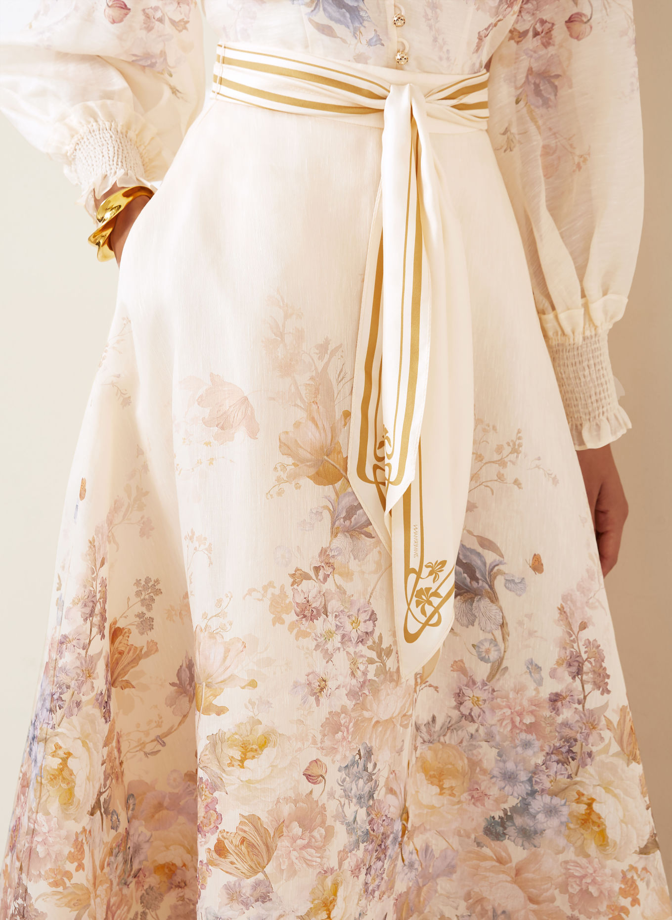 ZIMMERMANN ASCENT Skirt with Linen and Silk: CREAM / BEIGE / LIGHT PURPLE