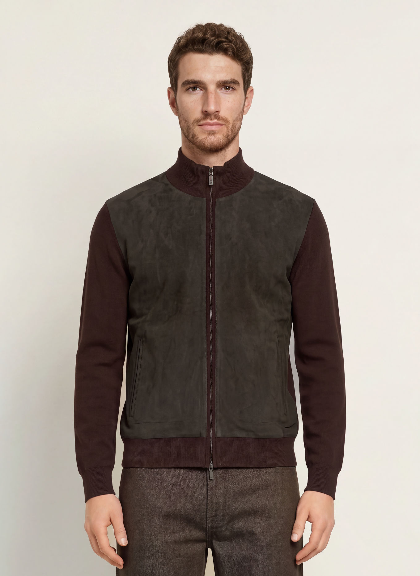 MAURIZIO BALDASSARI Leren blouson van verschillende materialen: MARRON FONCÉ / BRUIN