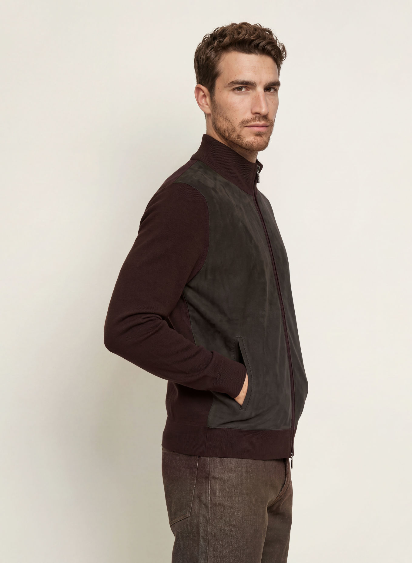 MAURIZIO BALDASSARI Leren blouson van verschillende materialen: MARRON FONCÉ / BRUIN