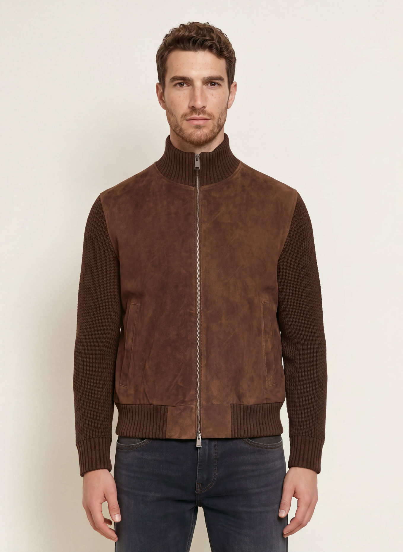 BOSS Lederblouson METER im Materialmix: DUNKELBRAUN