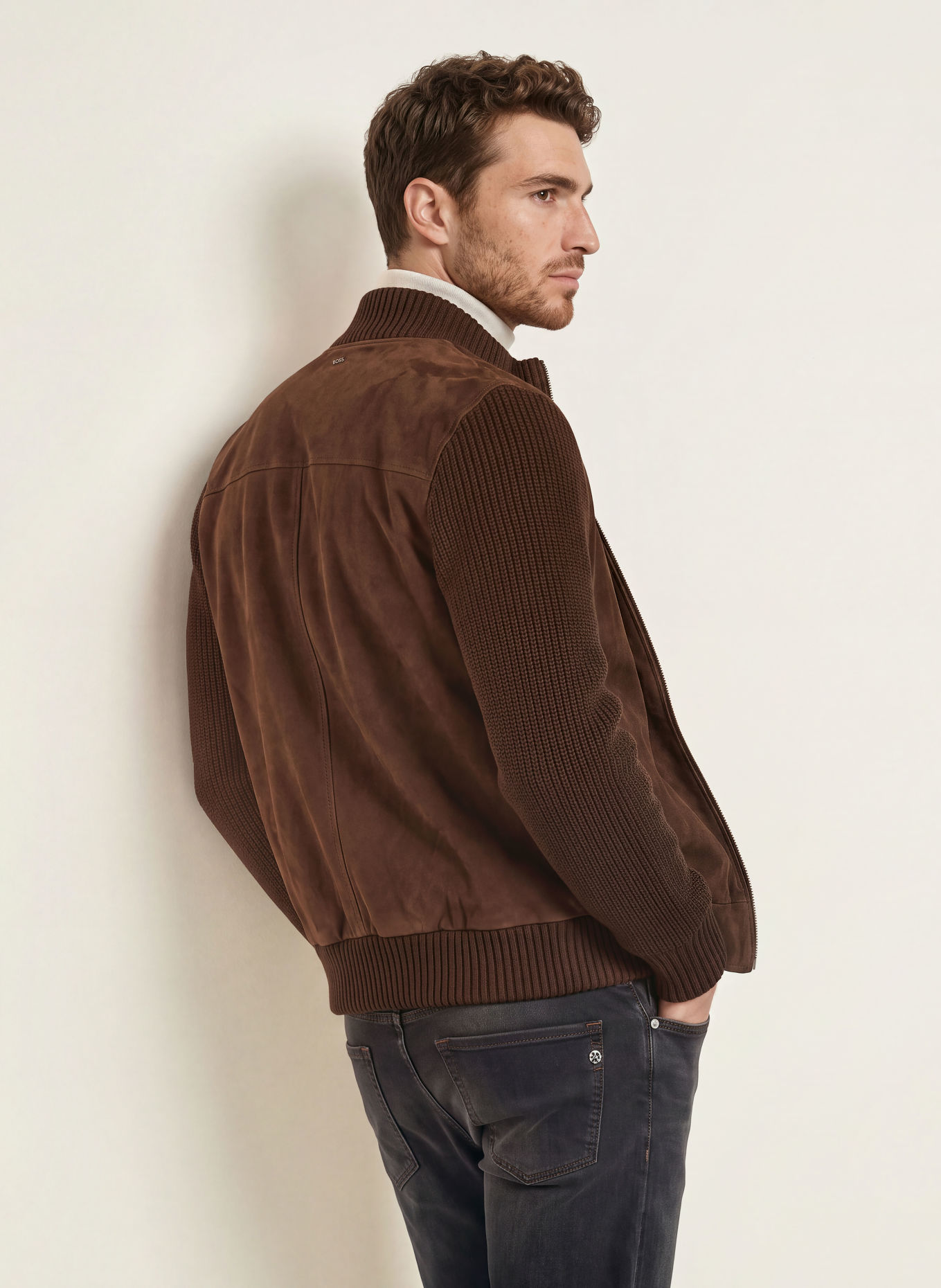 BOSS Lederblouson METER im Materialmix: DUNKELBRAUN
