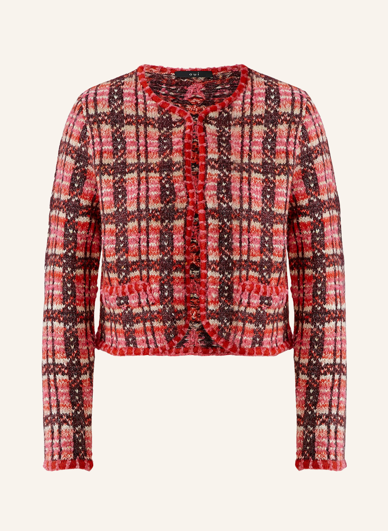 Oui Vest met glinsterend garen en pailletten: ROOD / DONKERPAARS / ROZE