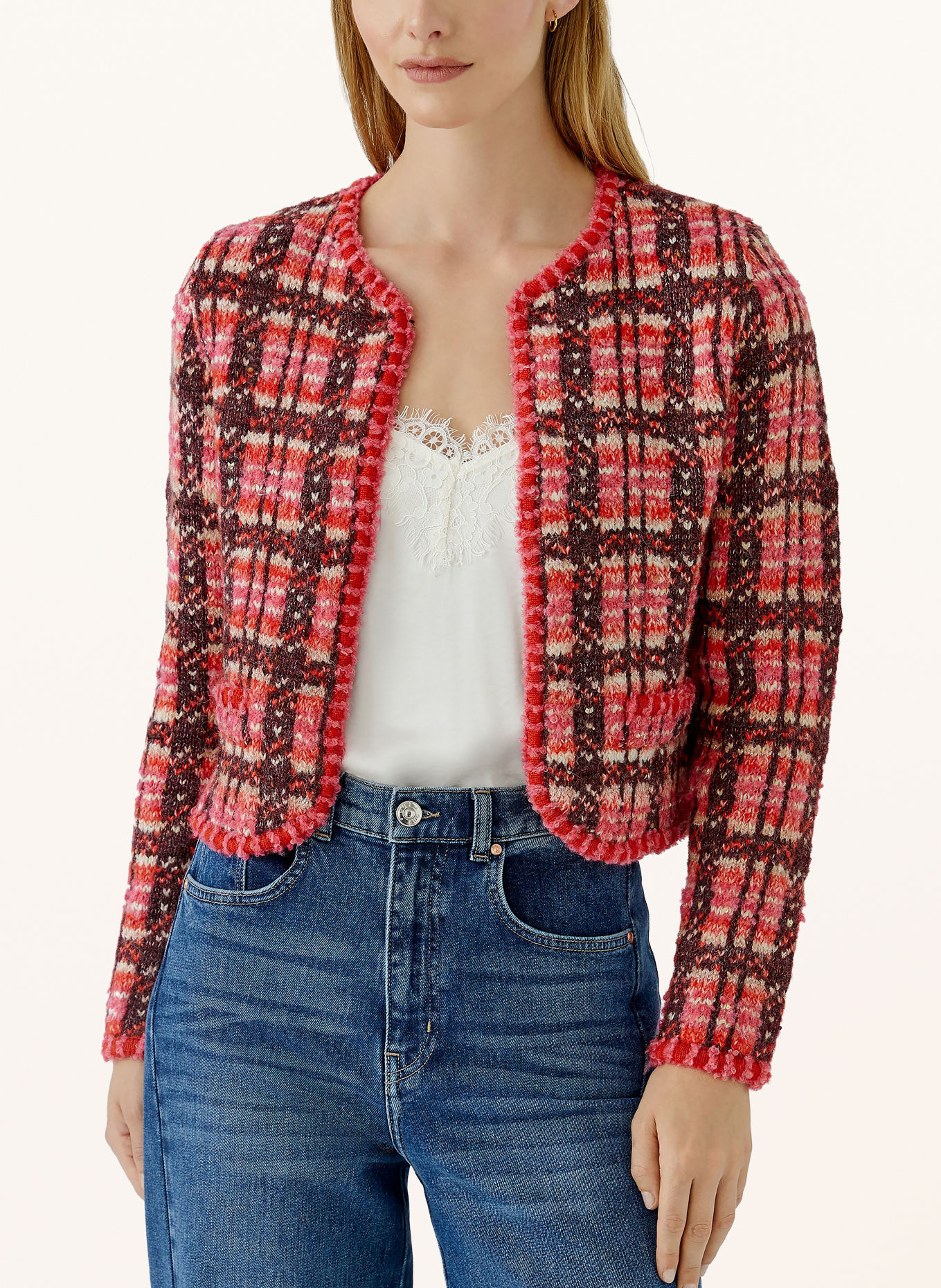 Oui Vest met glinsterend garen en pailletten: ROOD / DONKERPAARS / ROZE