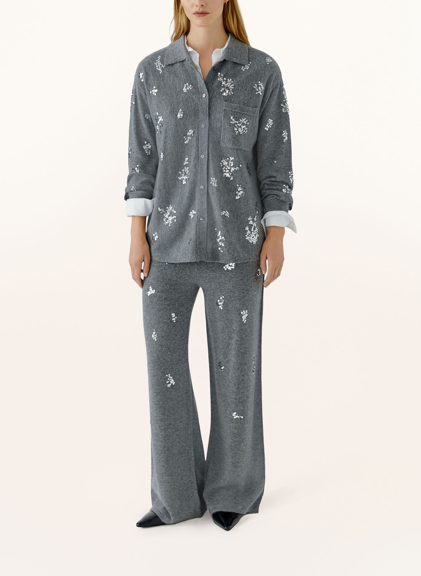 Oui Gebreide broek met pailletten: GRIJS / ZILVER