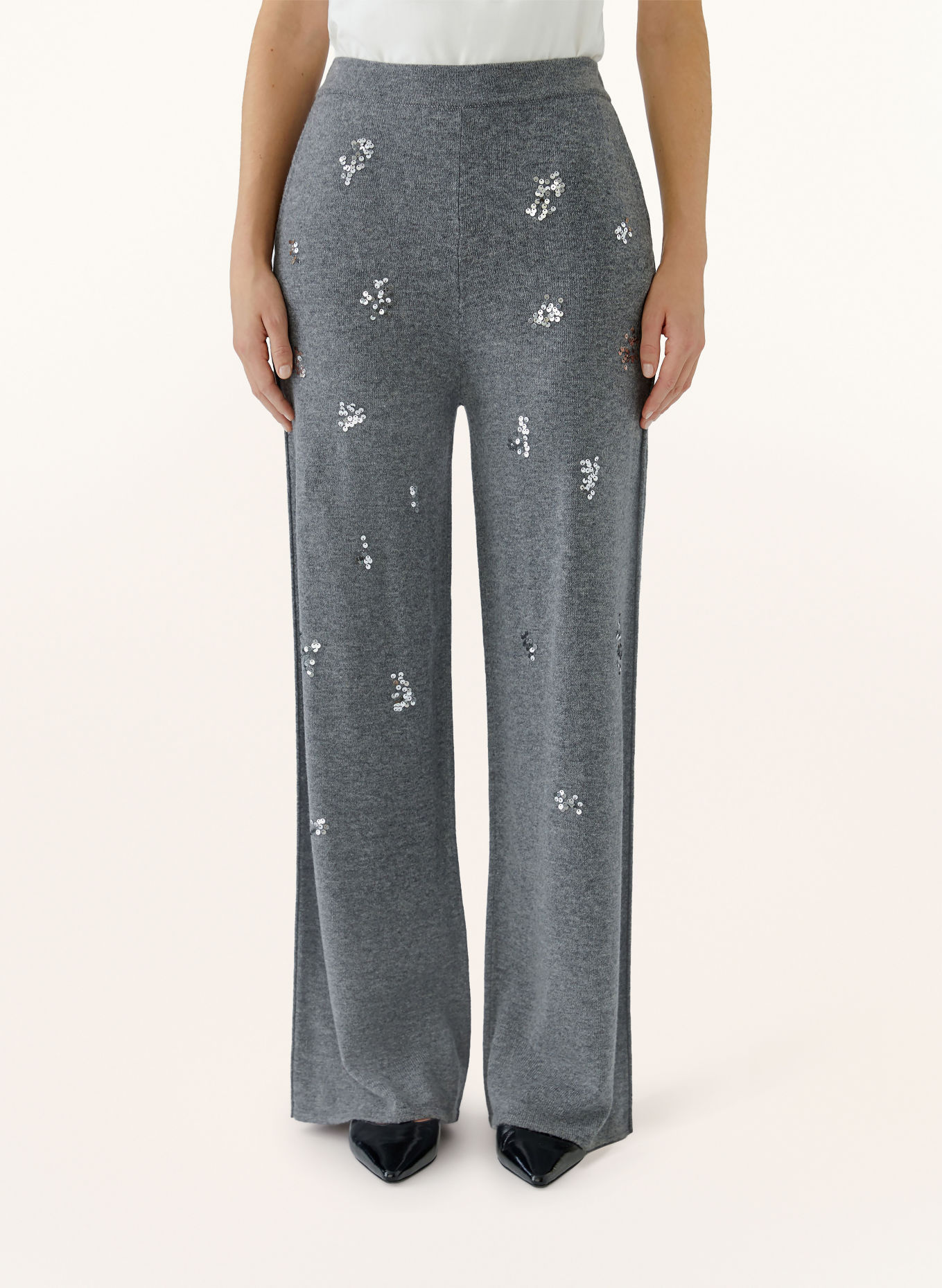 Oui Gebreide broek met pailletten: GRIJS / ZILVER