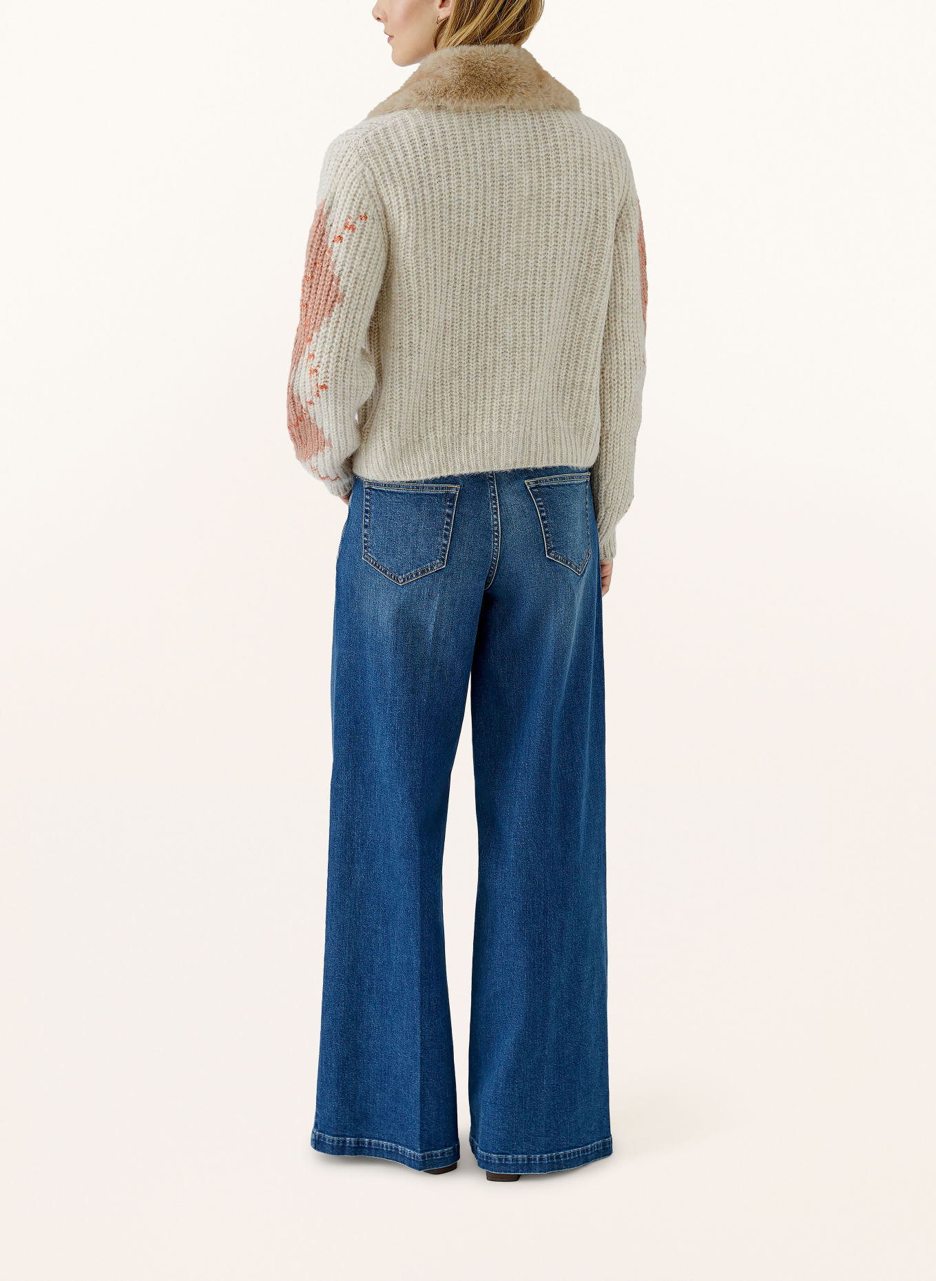 Oui Cardigan with a detachable faux fur collar: CREAM / DUSKY PINK / DARK RED