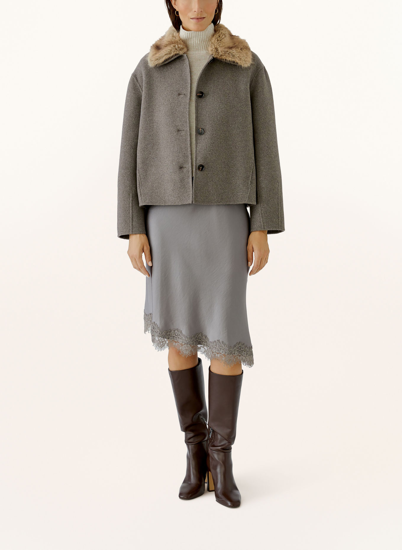 Oui Jas met afneembare Kraag van kunstbont: TAUPE / BEIGE