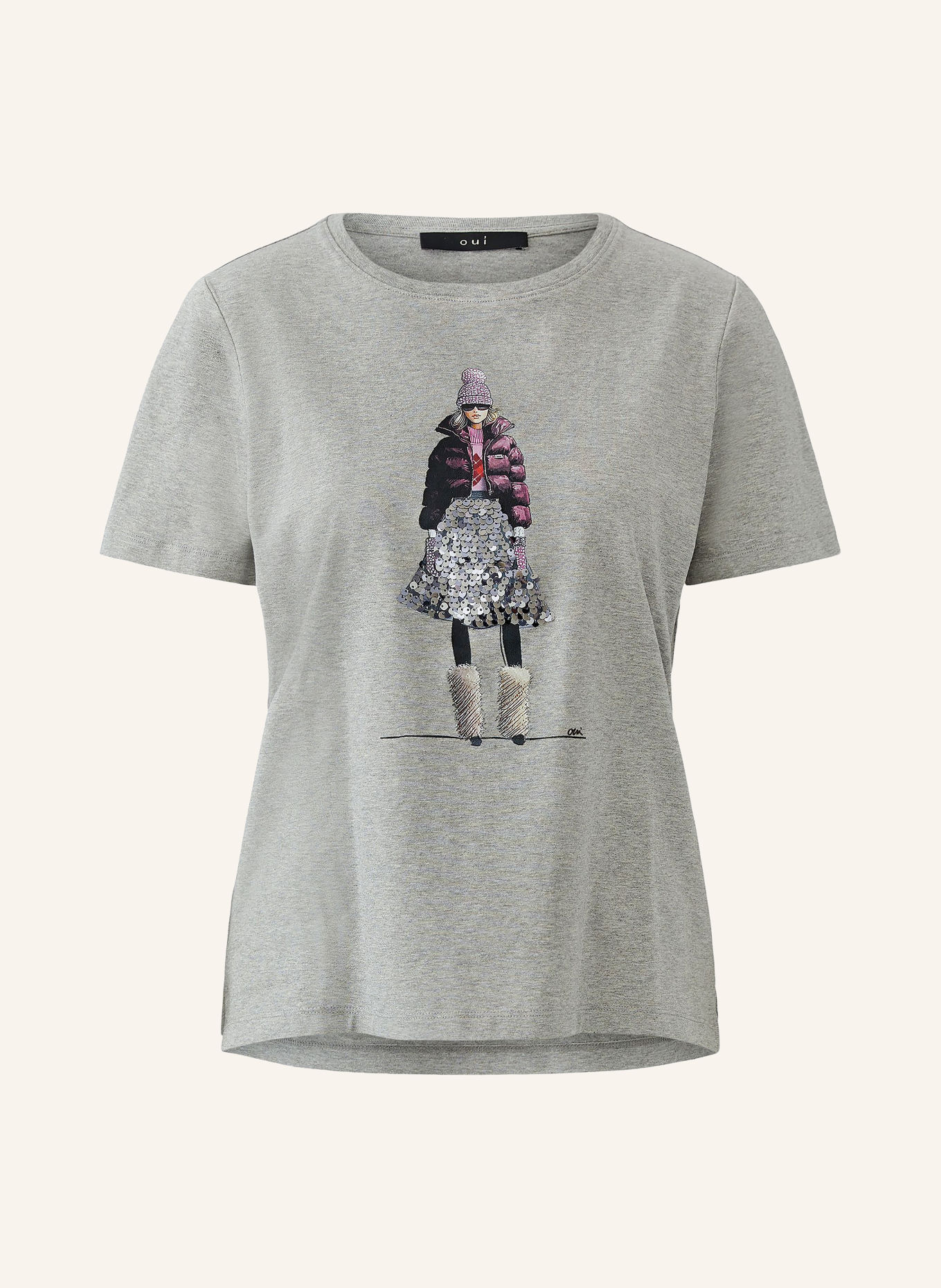 Oui T-shirt met pailletten: GRIJS / DONKERPAARS / ZWART