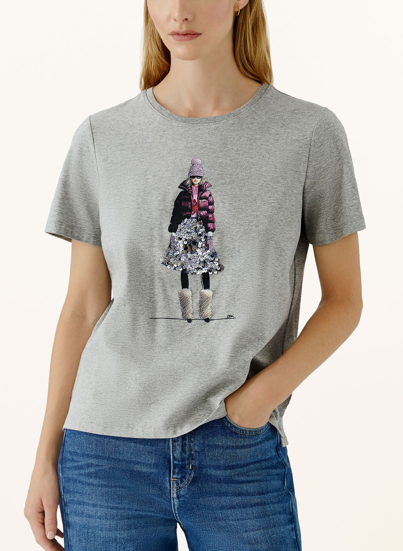 Oui T-shirt met pailletten: GRIJS / DONKERPAARS / ZWART