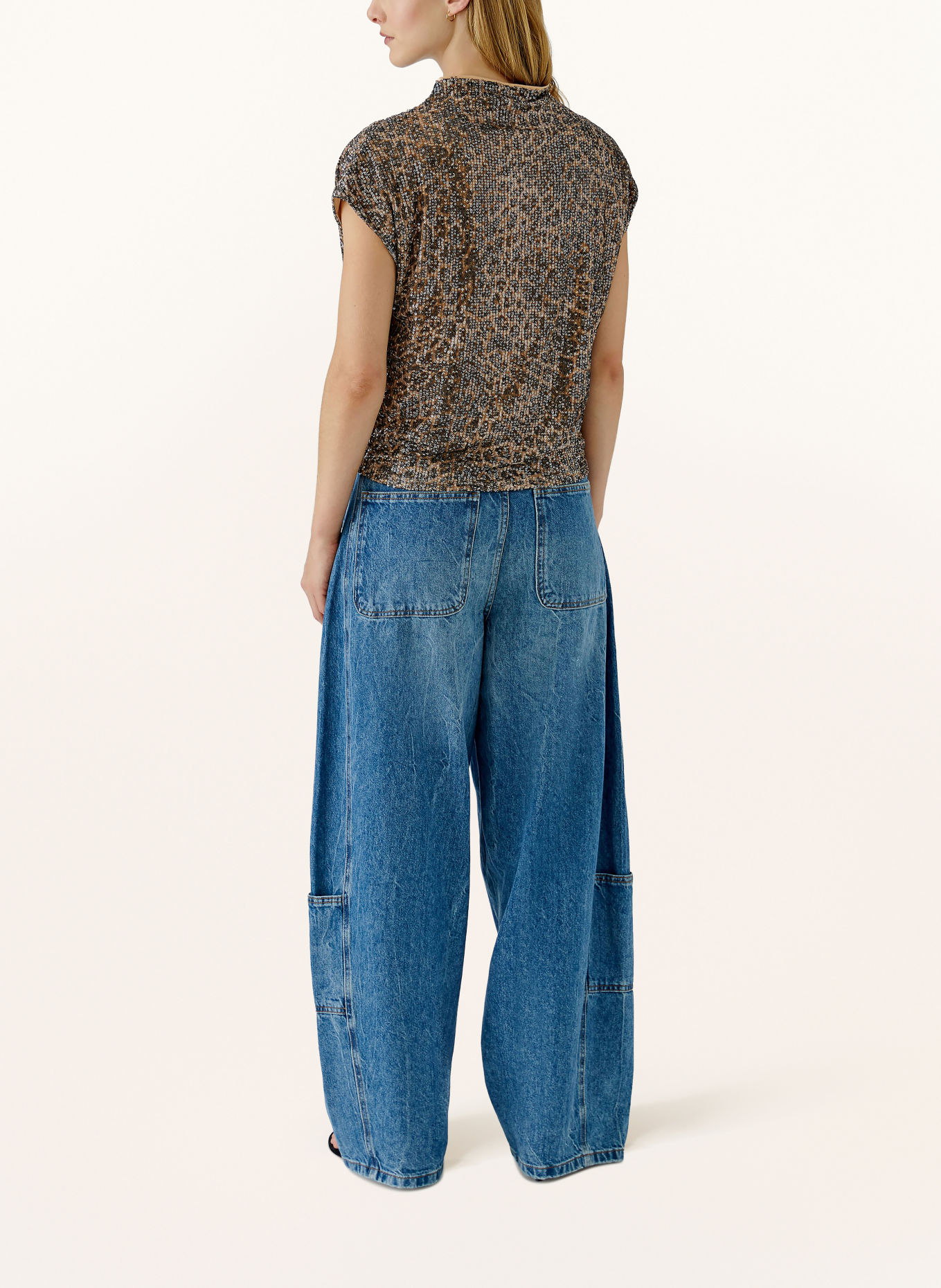 Oui Shirt blouse with sequins: CAMEL / DARK GRAY