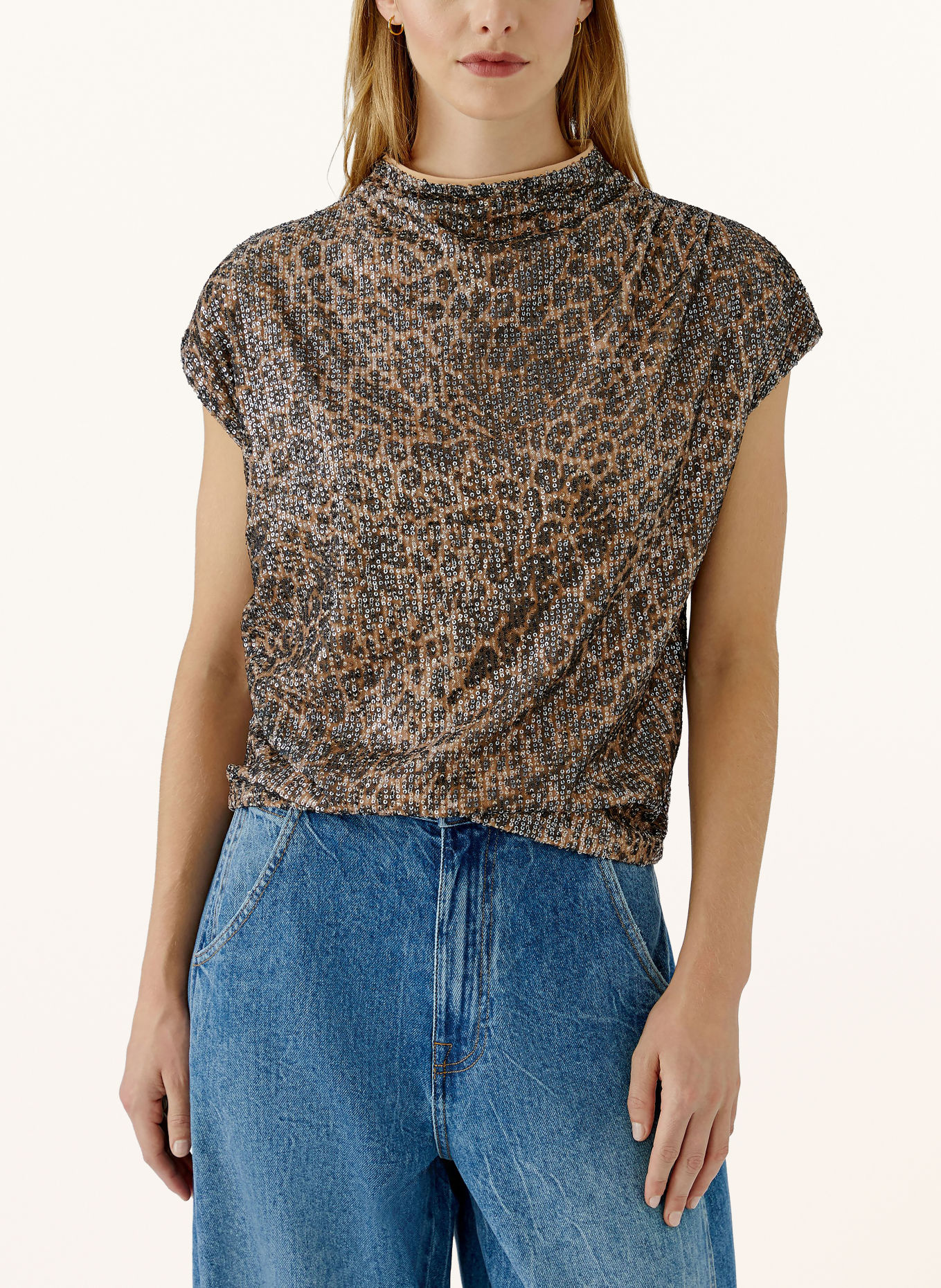 Oui Shirt blouse with sequins: CAMEL / DARK GRAY
