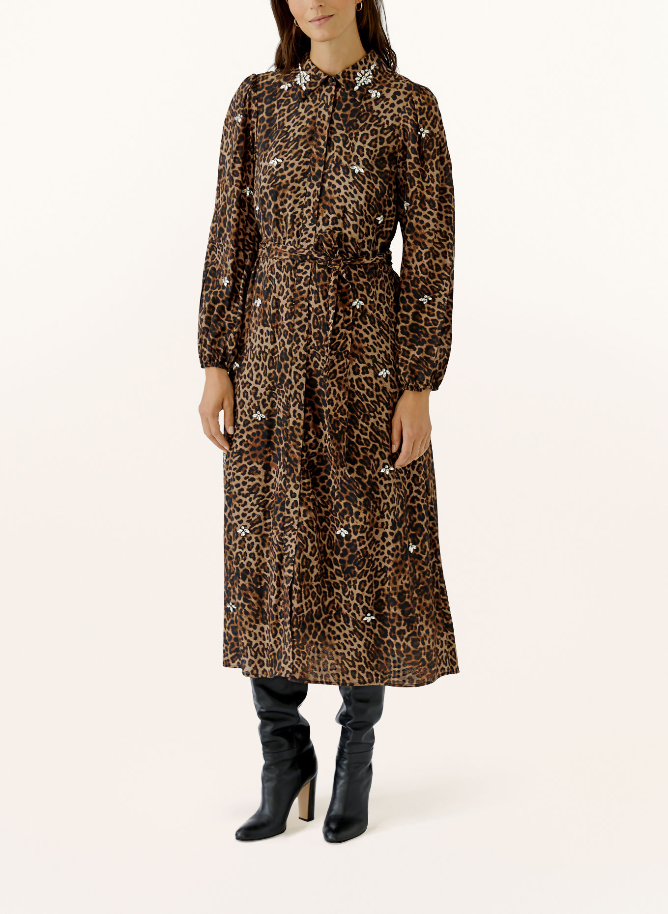 Oui Rochie tip cămașă cu pietre decorative: BEJ / MARO / NEGRU